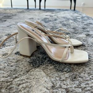 White strappy block heels